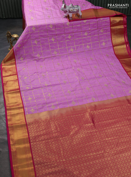 Semi kanchipuram silk saree lotus pink and pink with allover zari checks & buttas and zari woven border