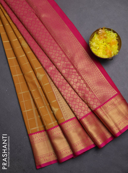 Semi kanchipuram silk saree mustard yellow and pink with allover zari checks & buttas and zari woven border