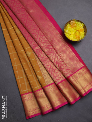 Semi kanchipuram silk saree mustard yellow and pink with allover zari checks & buttas and zari woven border