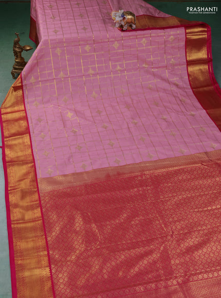 Semi kanchipuram silk saree peach pink and pink with allover zari checks & buttas and zari woven border