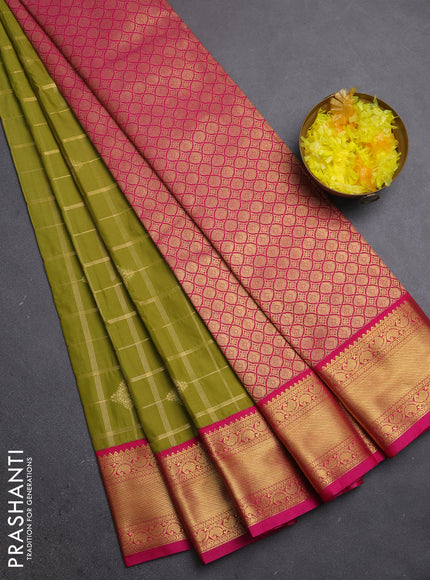 Semi kanchipuram silk saree lime green and pink with allover zari checks & buttas and zari woven border