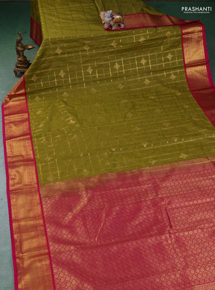 Semi kanchipuram silk saree lime green and pink with allover zari checks & buttas and zari woven border