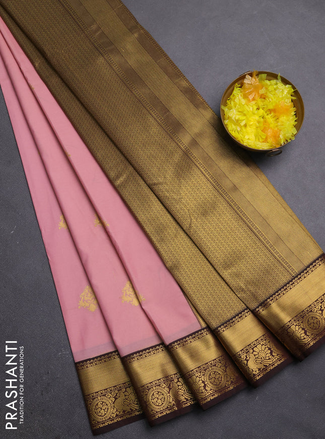 Semi kanchipuram silk saree mild peach pink and coffee brown with zari woven buttas and zari woven korvai border