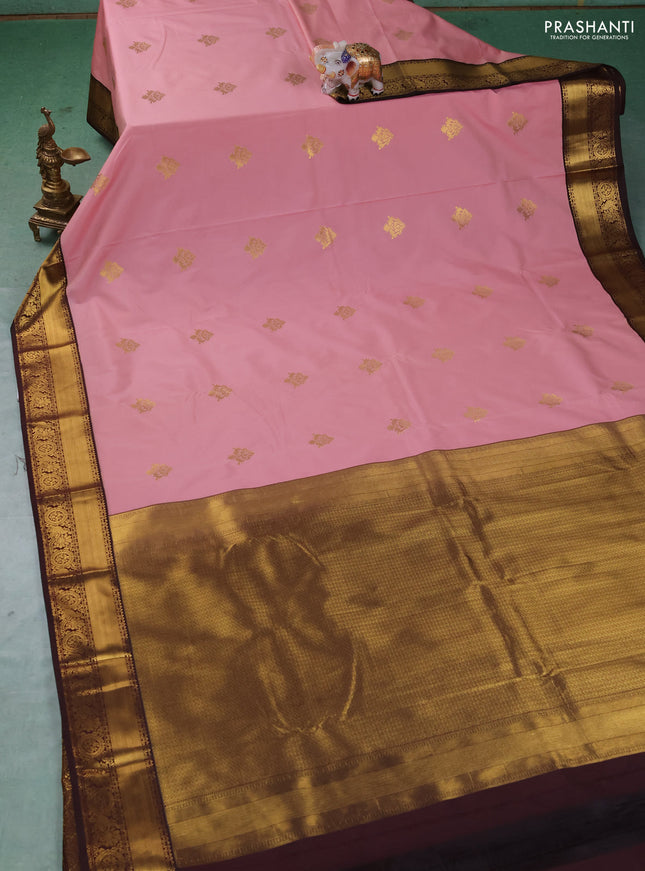 Semi kanchipuram silk saree mild peach pink and coffee brown with zari woven buttas and zari woven korvai border