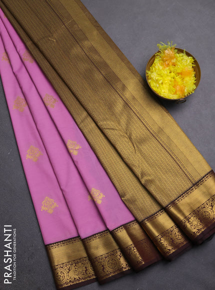Semi kanchipuram silk saree lotus pink and coffee brown with zari woven buttas and zari woven korvai border