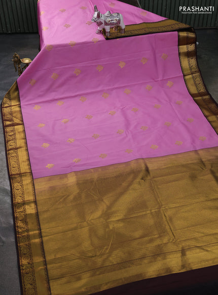 Semi kanchipuram silk saree lotus pink and coffee brown with zari woven buttas and zari woven korvai border