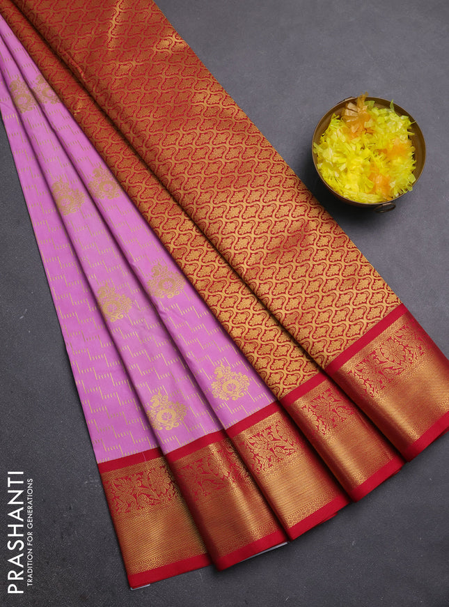 Semi kanchipuram silk saree lotus pink and red with allover zari weaves & buttas and zari woven korvai border