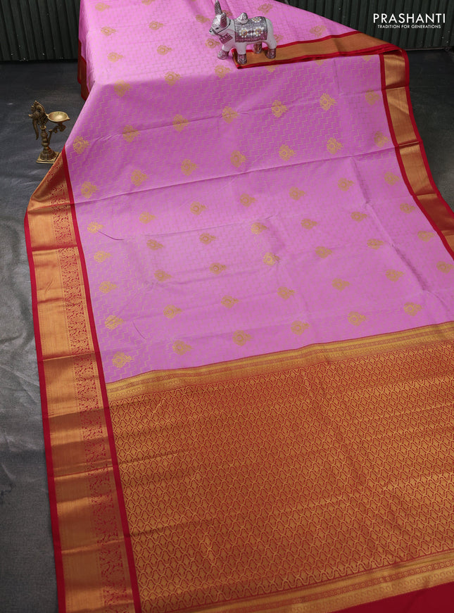 Semi kanchipuram silk saree lotus pink and red with allover zari weaves & buttas and zari woven korvai border