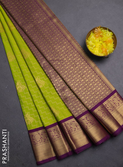 Semi kanchipuram silk saree lime green and purple with allover zari weaves & buttas and zari woven korvai border