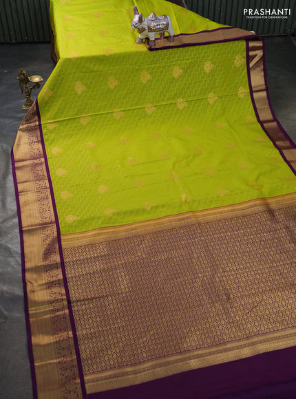 Semi kanchipuram silk saree lime green and purple with allover zari weaves & buttas and zari woven korvai border