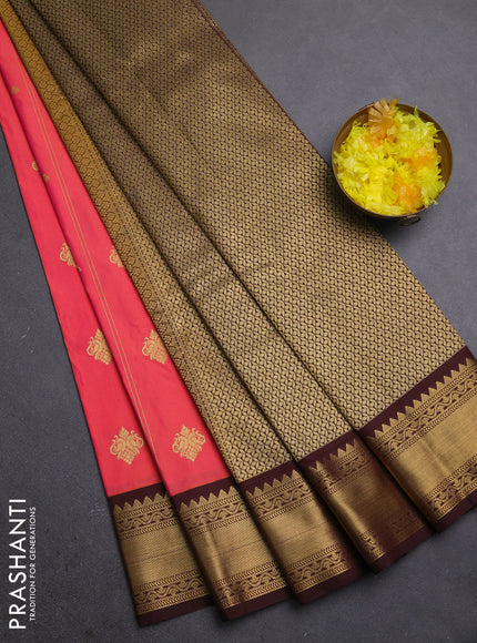 Semi kanchipuram silk saree peach pink and coffee brown with allover zari stripe & buttas and zari woven korvai border