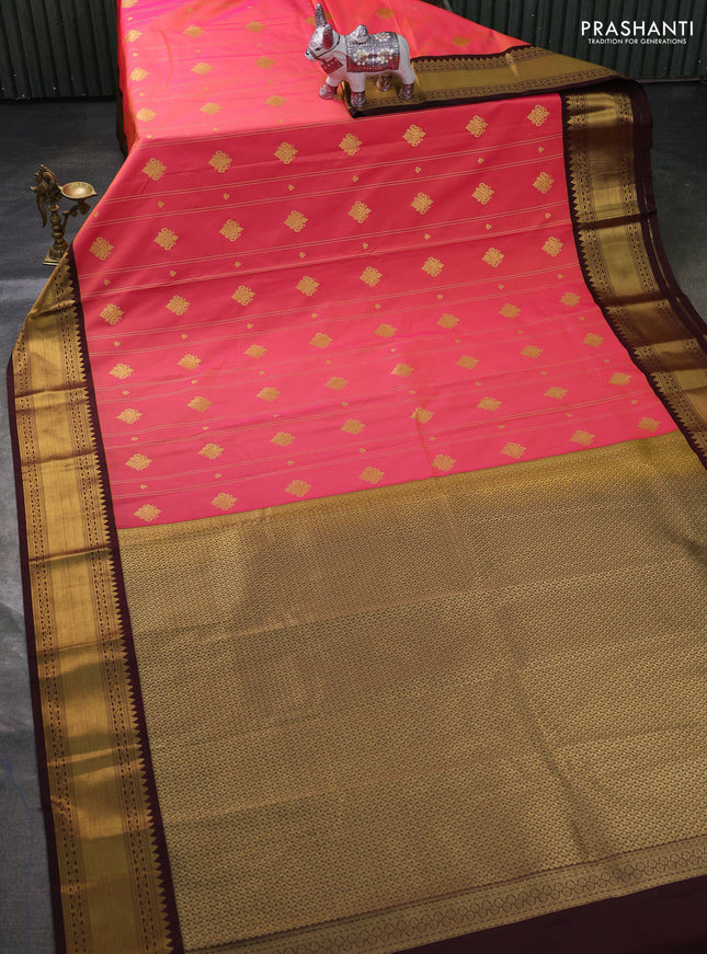 Semi kanchipuram silk saree peach pink and coffee brown with allover zari stripe & buttas and zari woven korvai border