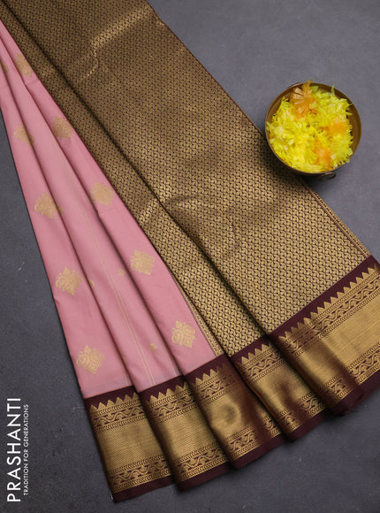 Semi kanchipuram silk saree pastel pink and coffee brown with allover zari stripe & buttas and zari woven korvai border