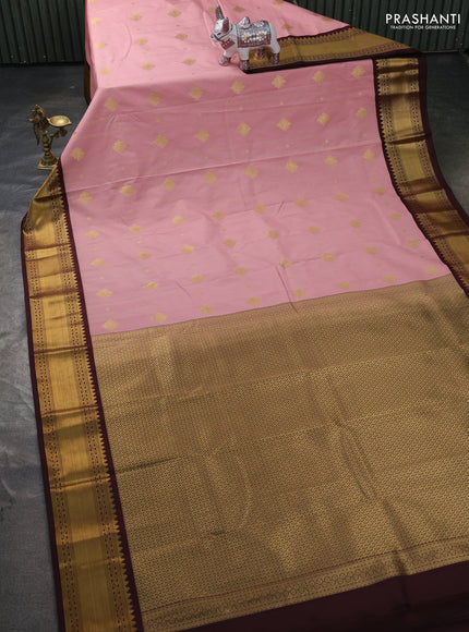 Semi kanchipuram silk saree pastel pink and coffee brown with allover zari stripe & buttas and zari woven korvai border