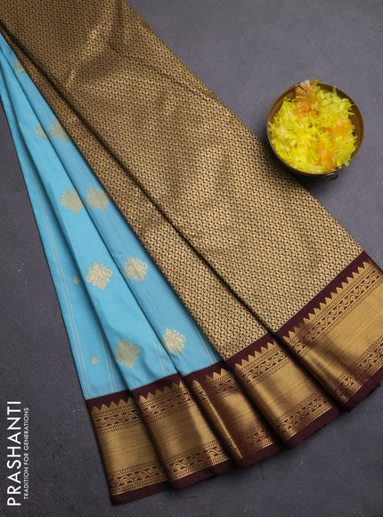 Semi kanchipuram silk saree teal blue and coffee brown with allover zari stripe & buttas and zari woven korvai border