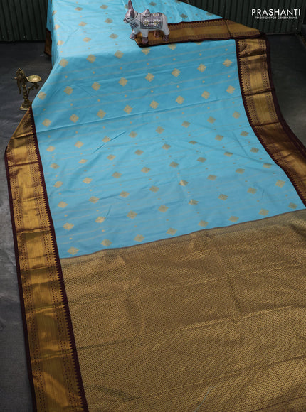 Semi kanchipuram silk saree teal blue and coffee brown with allover zari stripe & buttas and zari woven korvai border