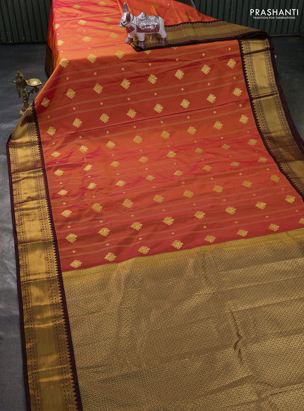 Semi kanchipuram silk saree dual shade of ruat shade and coffee brown with allover zari stripe & buttas and zari woven korvai border