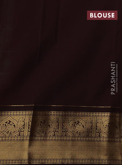 Semi kanchipuram silk saree light green and coffee brown with allover small zari checks & buttas and zari woven korvai border