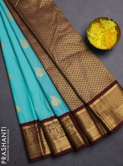 Semi kanchipuram silk saree teal green and coffee brown with zari woven buttas and zari woven border