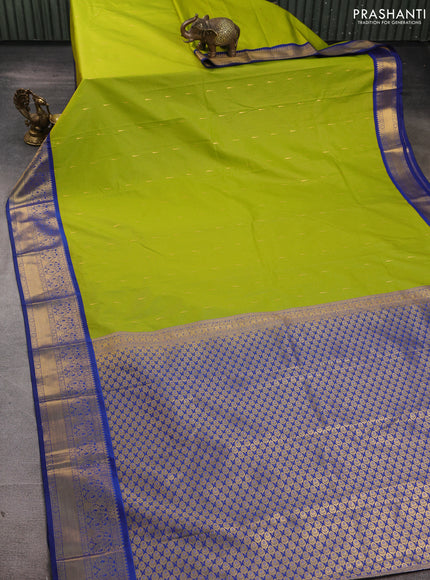 Semi kanchipuram silk saree lime green and blue with allover zari weaves & buttas and zari woven border
