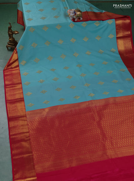 Semi kanchipuram silk saree teal green and pink with zari woven buttas and zari woven border