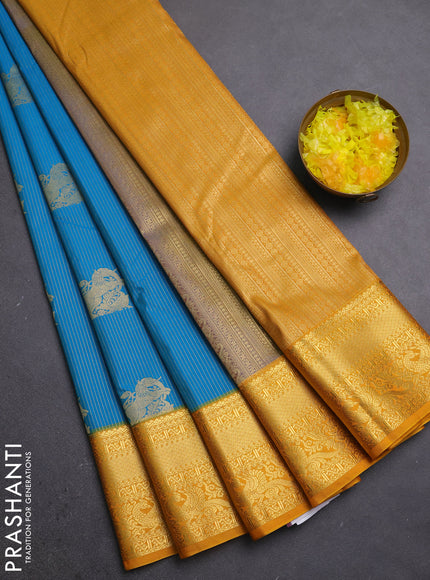 Semi kanchipuram silk saree cs blue and yellow with allover zari weaves & buttas and zari woven border