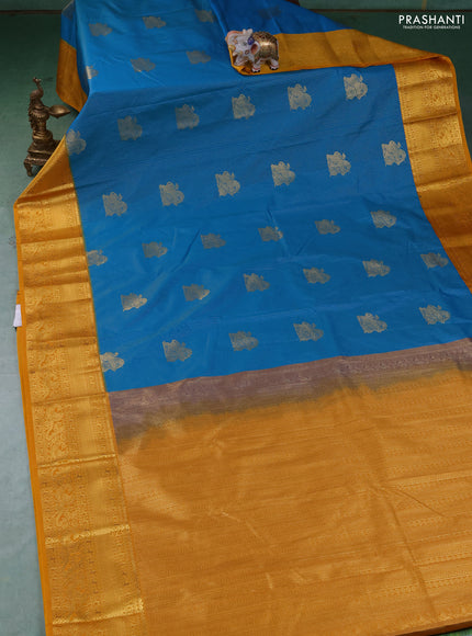 Semi kanchipuram silk saree cs blue and yellow with allover zari weaves & buttas and zari woven border