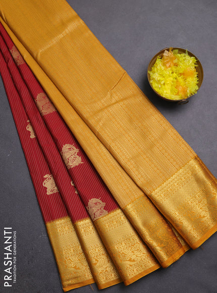 Semi kanchipuram silk saree maroon and yellow with allover zari weaves & buttas and zari woven border