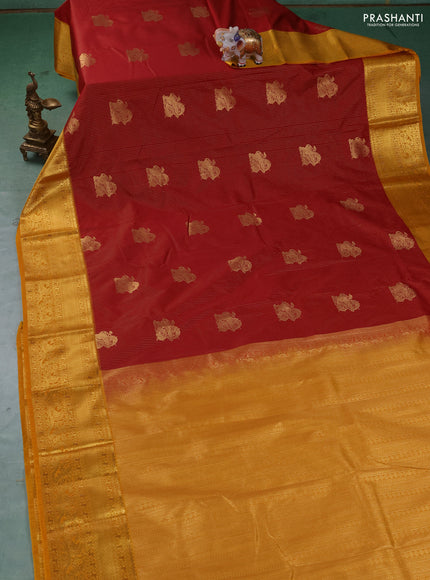 Semi kanchipuram silk saree maroon and yellow with allover zari weaves & buttas and zari woven border