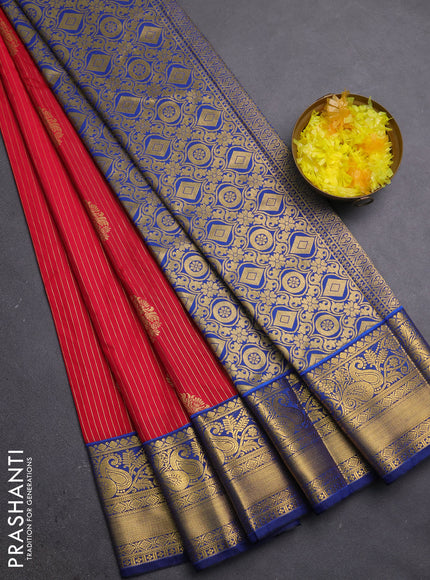 Semi kanchipuram silk saree red and blue with allover zari weaves & buttas and zari woven border