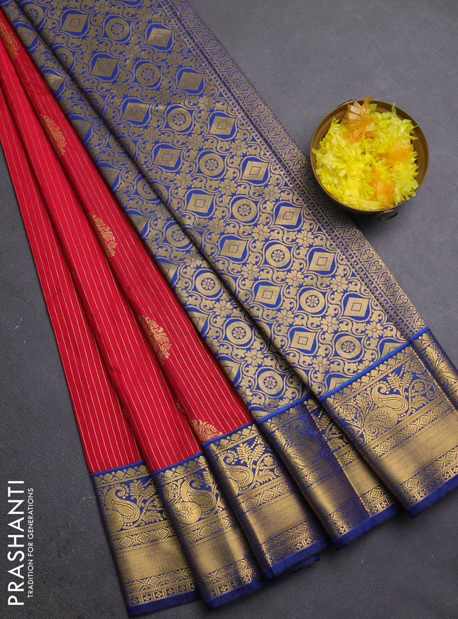 Semi kanchipuram silk saree red and blue with allover zari weaves & buttas and zari woven border