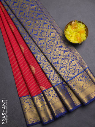 Semi kanchipuram silk saree red and blue with allover zari weaves & buttas and zari woven border