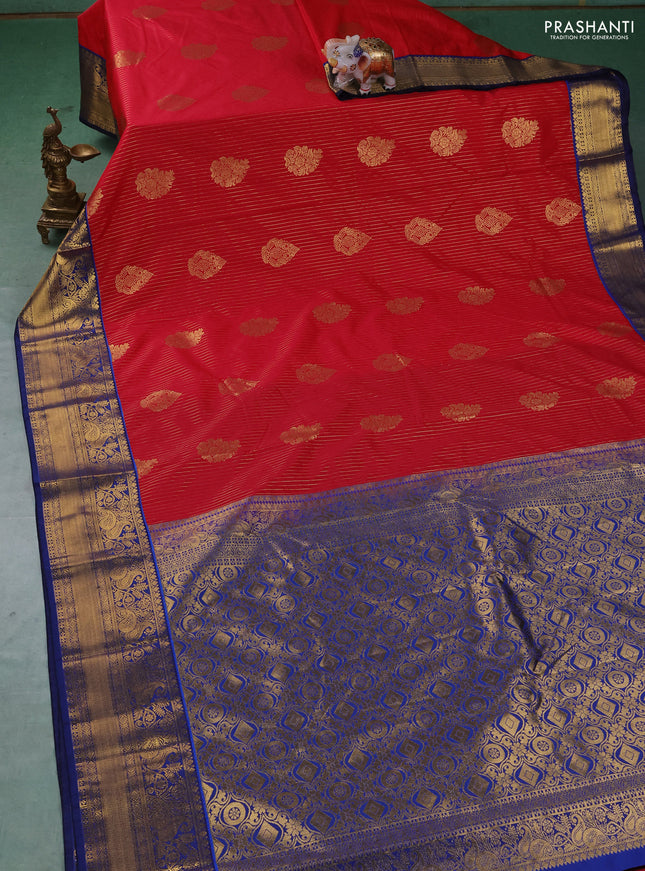 Semi kanchipuram silk saree red and blue with allover zari weaves & buttas and zari woven border