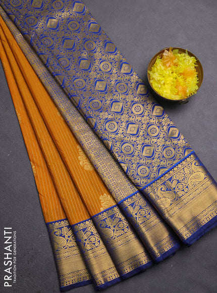 Semi kanchipuram silk saree mustard yellow and navy blue with allover zari weaves & buttas and zari woven border