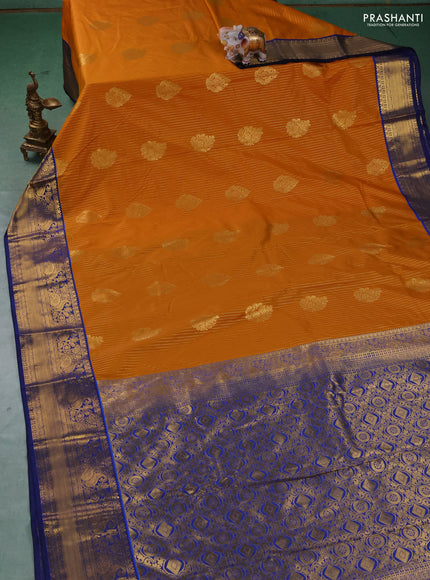 Semi kanchipuram silk saree mustard yellow and navy blue with allover zari weaves & buttas and zari woven border