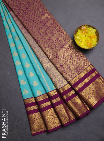 Semi kanchipuram silk saree teal green and magenta pink with allover zari weaves & buttas and long zari woven border