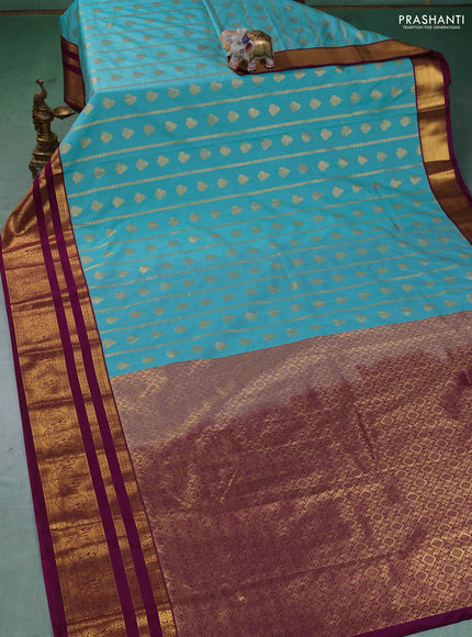 Semi kanchipuram silk saree teal green and magenta pink with allover zari weaves & buttas and long zari woven border