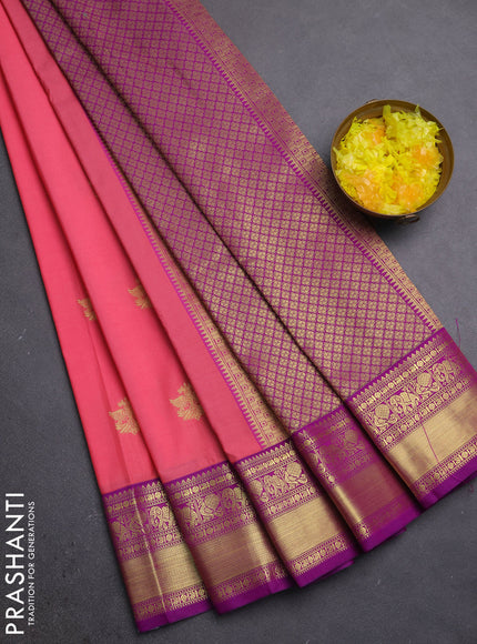 Semi kanchipuram silk saree peach pink and pink with zari woven buttas and zari woven border