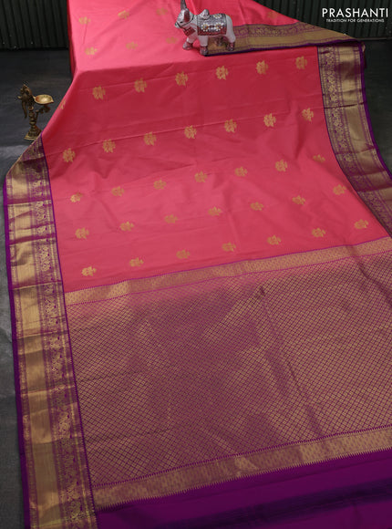 Semi kanchipuram silk saree peach pink and pink with zari woven buttas and zari woven border