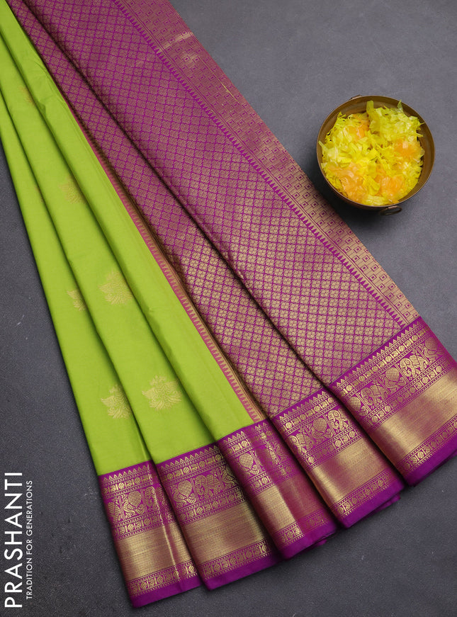 Semi kanchipuram silk saree light green and pink with zari woven buttas and zari woven border
