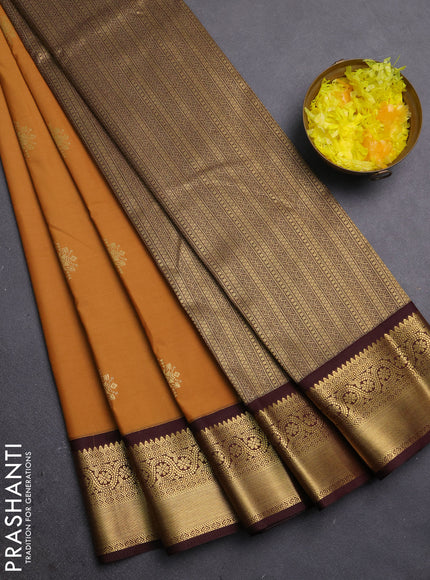 Semi kanchipuram silk saree dark mustard and coffee brown with zari woven buttas and zari woven border