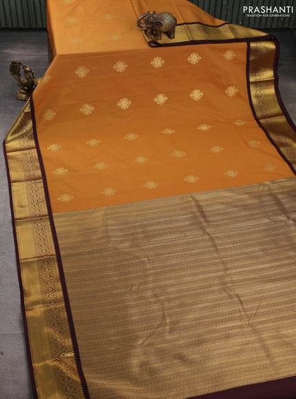 Semi kanchipuram silk saree dark mustard and coffee brown with zari woven buttas and zari woven border