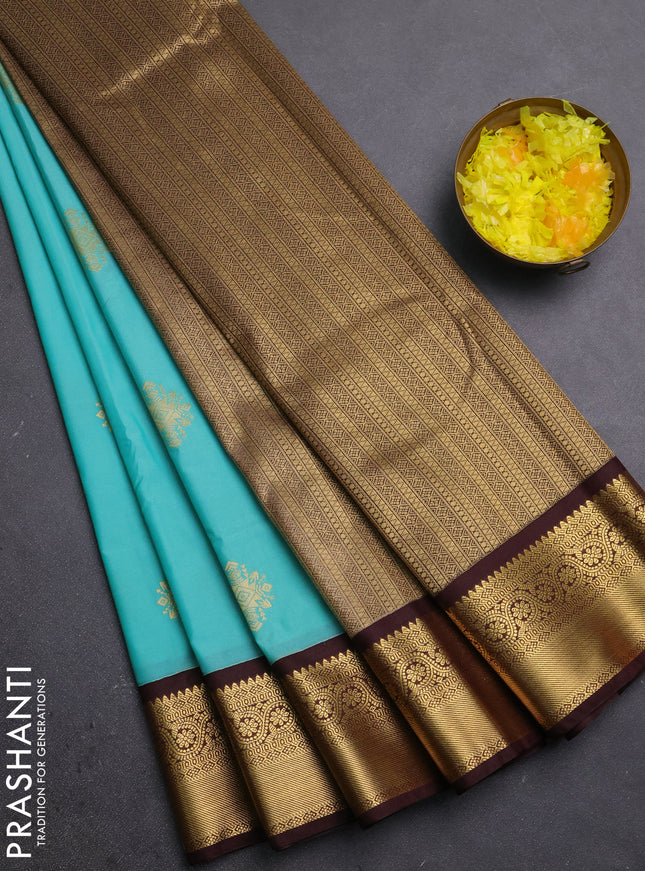 Semi kanchipuram silk saree teal blue and coffee brown with zari woven buttas and zari woven border