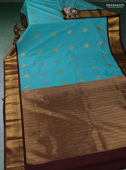 Semi kanchipuram silk saree teal blue and coffee brown with zari woven buttas and zari woven border