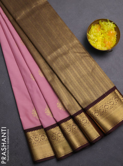Semi kanchipuram silk saree pastel pink and coffee brown with zari woven buttas and zari woven border