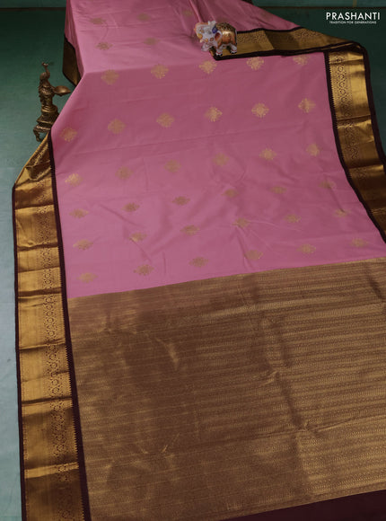 Semi kanchipuram silk saree pastel pink and coffee brown with zari woven buttas and zari woven border
