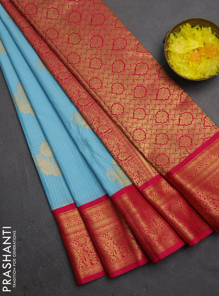 Semi kanchipuram silk saree teal blue and pink with allover zari weaves & buttas and zari woven border