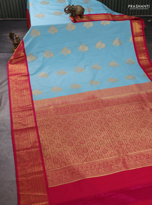 Semi kanchipuram silk saree teal blue and pink with allover zari weaves & buttas and zari woven border