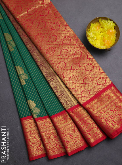 Semi kanchipuram silk saree green and red with allover zari weaves & buttas and zari woven border