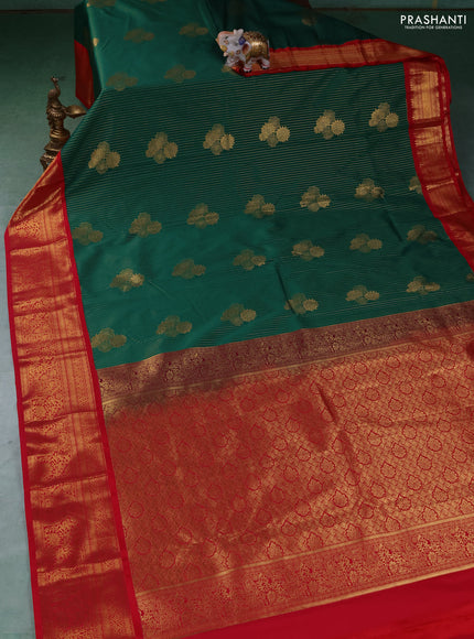 Semi kanchipuram silk saree green and red with allover zari weaves & buttas and zari woven border